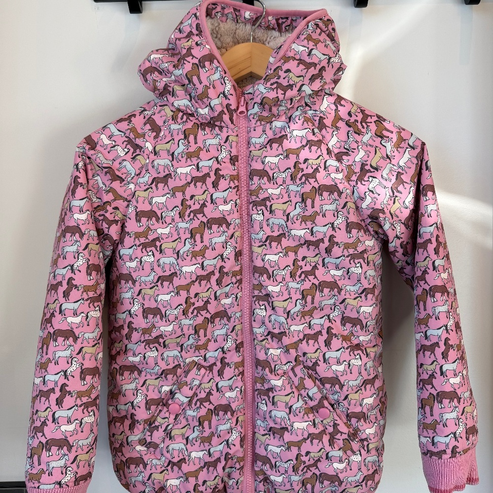 Mini Boden Girls Horse Print Sherpa Jacket with Hood Girls Size 9-10